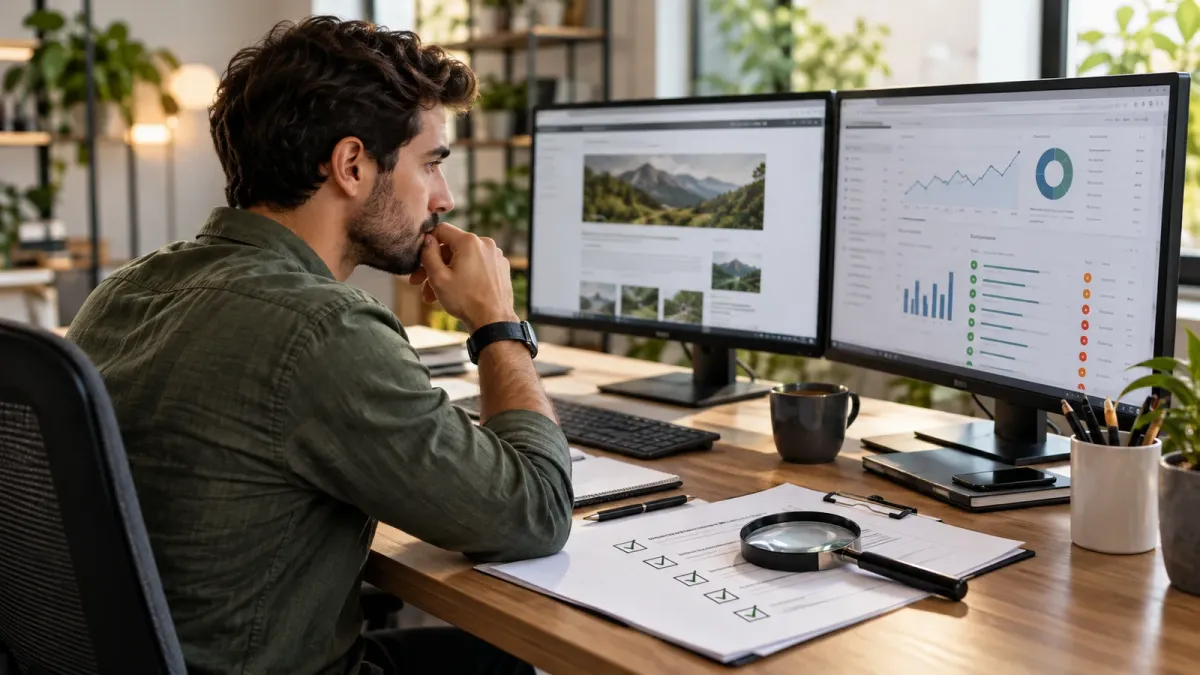 Auditoria de um site com lista de verificações e análise em monitores