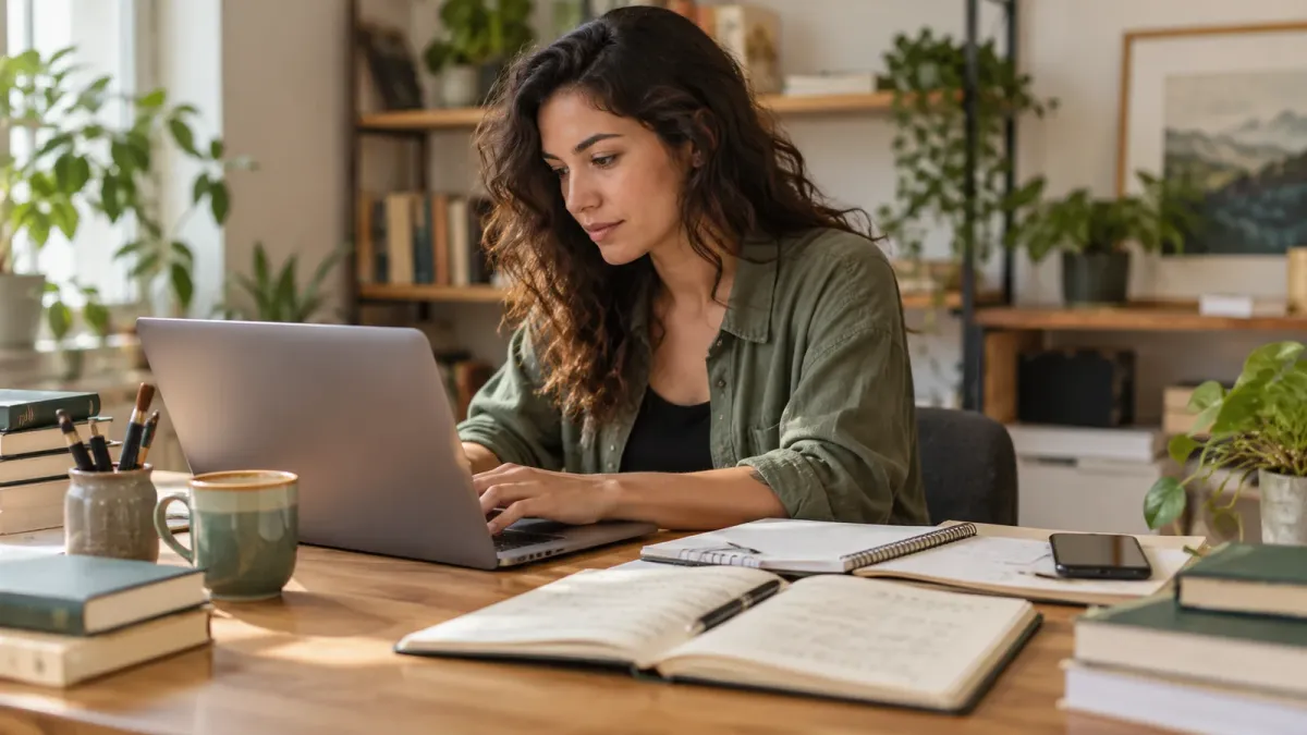 Produção de conteúdo com computador, livros e anotações editoriais