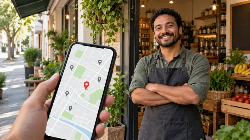 Comércio local e mapa digital com pontos de localização
