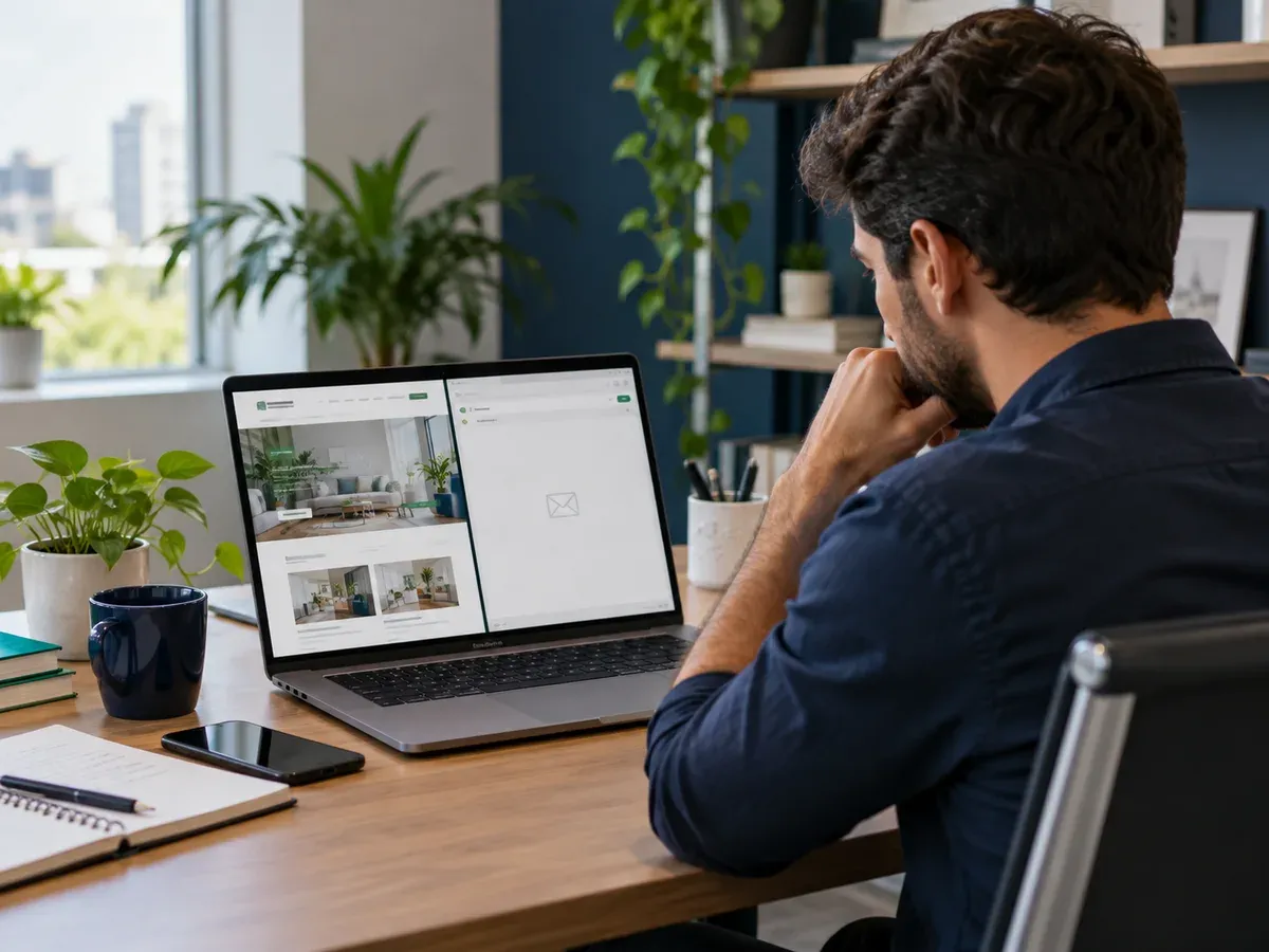 Empresário analisa um site e uma caixa de mensagens sem novos contatos